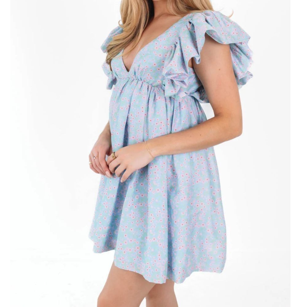 STORIA Closer Than Ever Babydoll Mini Dress Blue Floral Size Small NEW - Picture 2 of 8